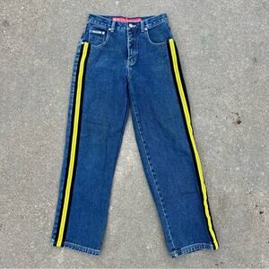 Vintage Y2K Revolt highlighter yellow black side striped jeans Boys Size 16